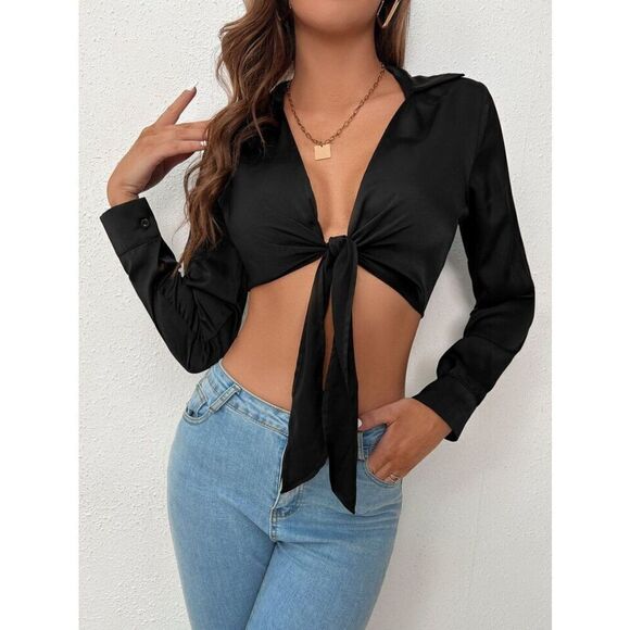 SHEIN Black Silk Tie Front Blouse - Picture 1 of 5